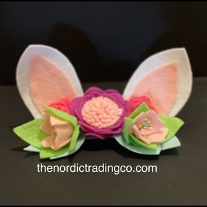 Wool Felt Flower Bunny Ears Headband Kid Girls or Women Boho Easter Basket Gift